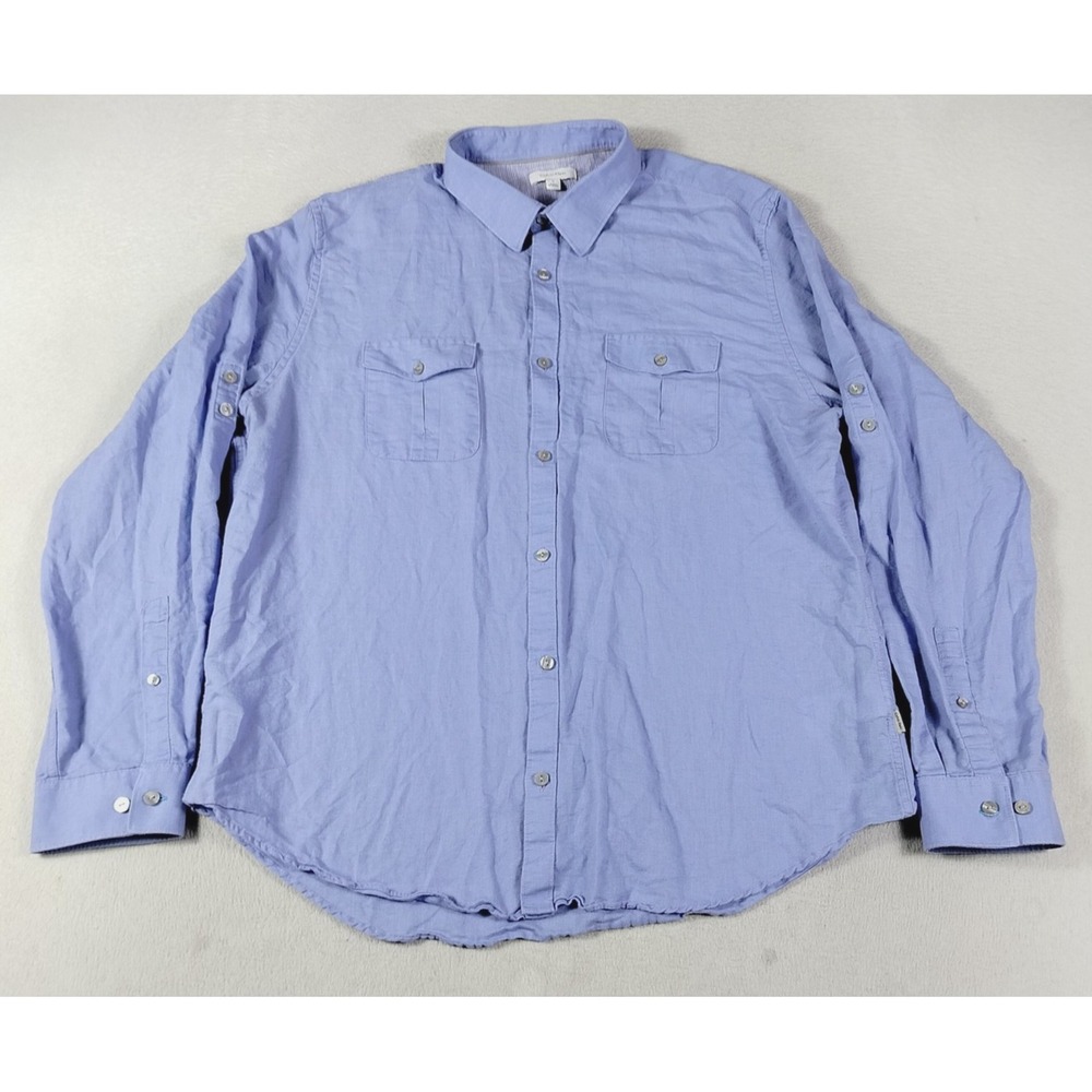 Calvin Klein Shirt Mens XL Blue Linen Cotton Long Sleeve Button Up Casual Office